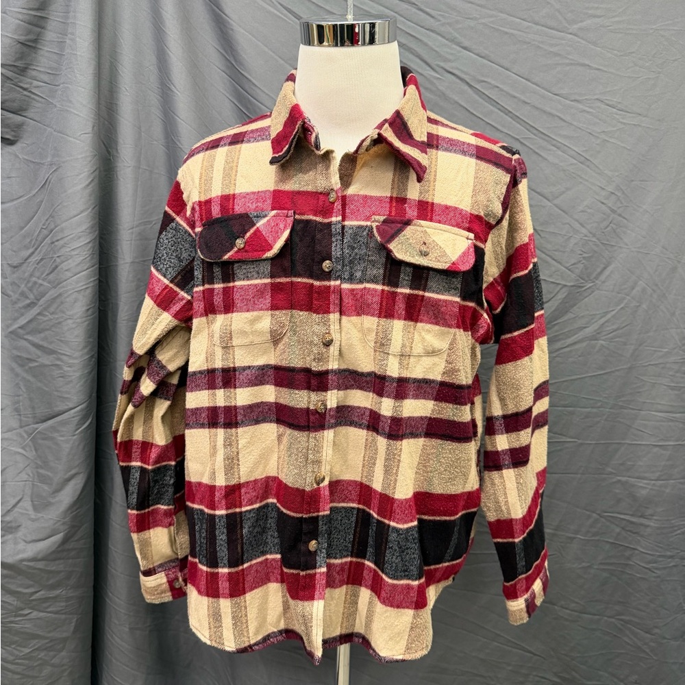 NE Limited Burgundy and Beige Plaid Flannel Shirt